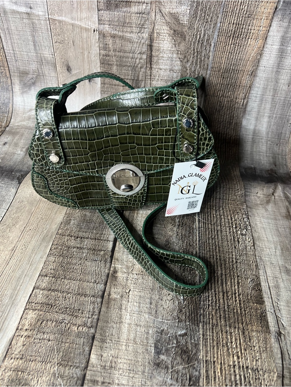 NICOLI Olive Croc-Embossed Shoulder Crossbody Bag with Silver Turn-Lock